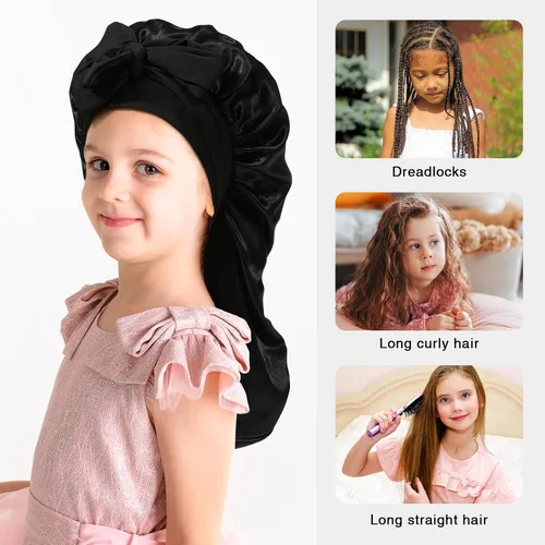 Vista 3 de Gorro de pelo largo para niños para dormir - Gorro de satén elástico de doble capa para niñas con banda de amarre para cabello trenzado y rizado