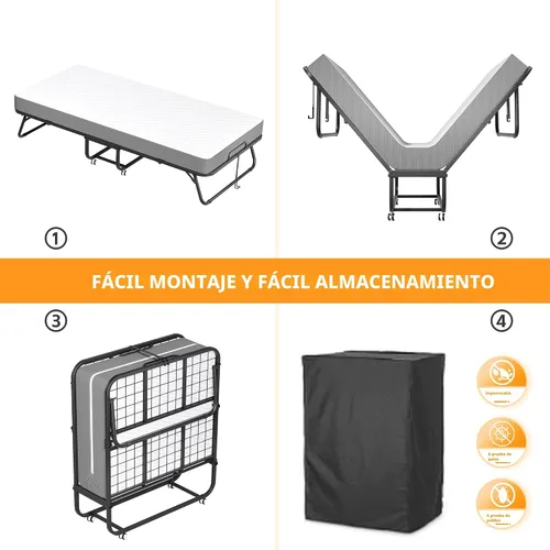 Vista 7 de INTERGREAT Cama plegable, cama portátil de tamaño individual de 75 x 38 pulgadas para adultos, camas plegables de metal para huéspedes con ruedas