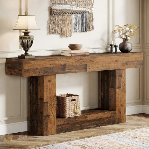 Vista 10 de Tribesigns Mesa consola de 63 pulgadas, mesa de entrada de 2 niveles con base en forma de U, mesa de sofá estrecha y larga de madera detrás del sofá