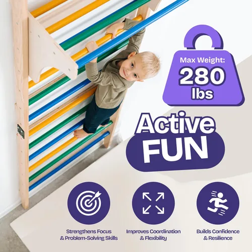 Vista 6 de ComfyBumpy Escalera sueca con mesa de juego convertible Juego de escalada Montessori para niños, parque infantil interior y gimnasio en la selva