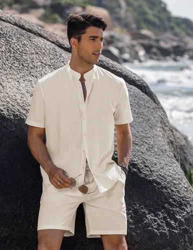 Vista 4 de COOFANDY Conjunto de 2 piezas de ropa de playa de lino para hombre