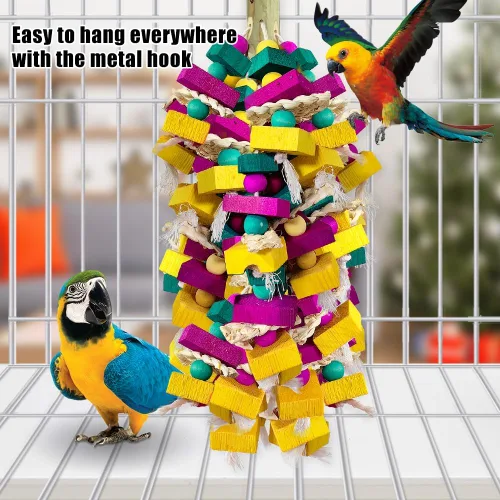 Vista 7 de Juguetes grandes para pájaros, bloque de madera multicolor con soporte de bambú, juguete para masticar pájaros, jaula de loro, juguete de mordida