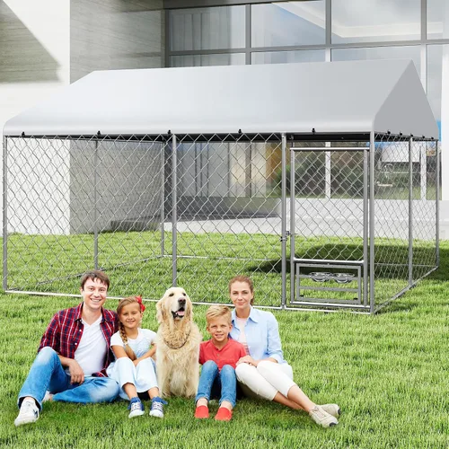 Vista 7 de Yafylly Perrera para perros XL de 10 x 10 pies – Perrera exterior con techo, perreras cubiertas con puerta de alimentación, recinto para perros al