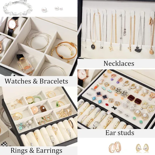 Vista 4 de SIMBOOM Joyero para mujeres y niñas, organizador de joyas de 2 capas con cerradura, estuche de almacenamiento de joyas con bandeja extraíble