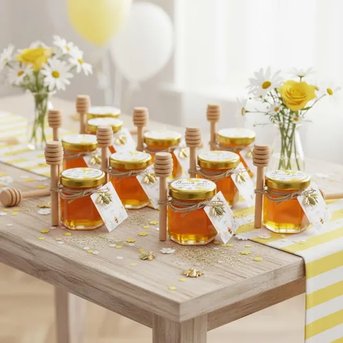 Vista 2 de Adabocute Paquete de 20 mini tarros de miel con gotero, perfectos para regalos de baby shower y recuerdos de boda, incluye etiquetas colgantes