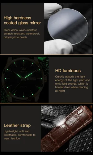 Vista 4 de OLEVS Relojes para hombres de cuero marrón caja dorada analógico cuarzo moda negocios vestido reloj día fecha luminoso impermeable casual masculino