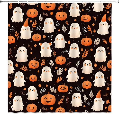Vista 2 de Cortina de ducha de fantasma de Halloween, diseño de calabaza espeluznante, hojas retro, divertida tela de dibujos animados para decoración de baño