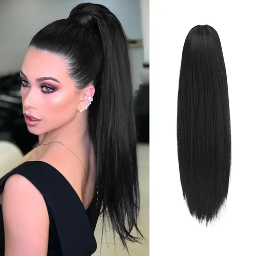 Vista 17 de Barsdar Extensión de cola de caballo marrón oscuro - Extensiones de cola de caballo cortas y rectas de 14 pulgadas con cordón para mujeres
