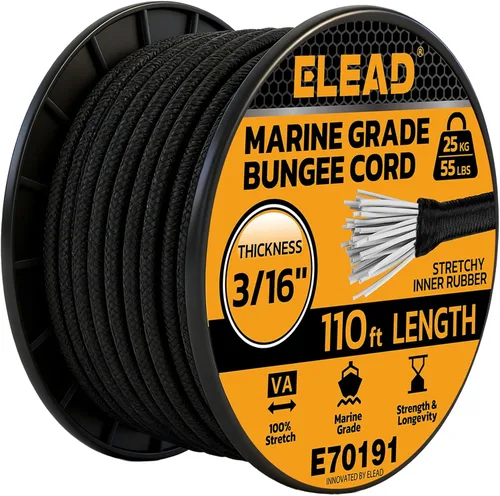 Vista 22 de Rollo de cuerda elástica con 40 ganchos ajustables, cuerdas elásticas resistentes de 1/3 pulgadas x 65 pies, cuerda elástica negra de grado marino