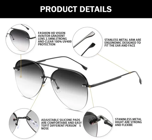Vista 3 de Vanolu Gafas de sol de aviador retro sin montura para mujeres y hombres clásicas para mujer protección UV400 lentes degradados