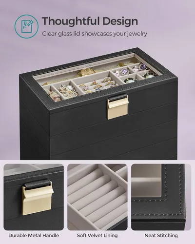 Vista 5 de SONGMICS Bandejas de joyería apilables, caja de joyería de 6 niveles, organizador de joyas con cajón, con tapa de vidrio, divisores extraíbles