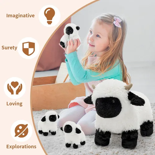 Vista 6 de Tezituor Valais - Juego de 4 animales de peluche de oveja Blacknose de 18 pulgadas, peluche grande de oveja con 3 lindos bebés de cordero, regalo