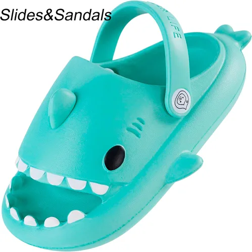 Vista 2 de Sandalias de tiburón para niños y niñas, pantuflas de ducha con forma de nube, bonitas sandalias de punta abierta con dibujos animados, suela