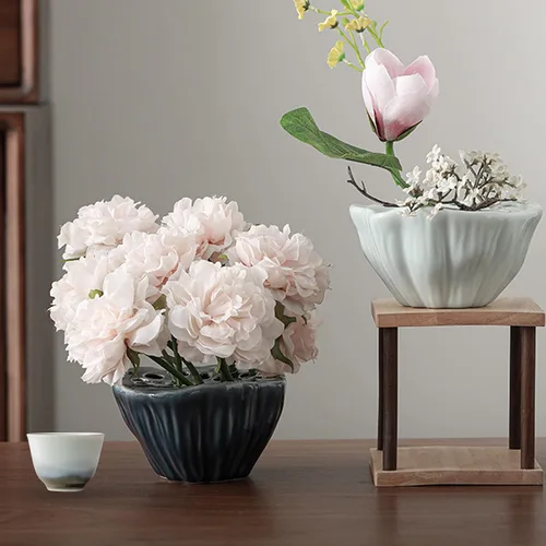 Vista 7 de Florero de cerámica en forma de loto, 1 maceta de cerámica con forma de loto, arreglo floral para decoración del hogar y la oficina