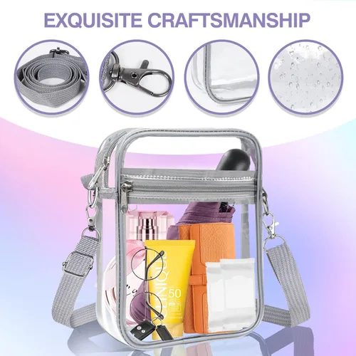 Vista 10 de Bolsa transparente aprobada para estadios, bolsa cruzada transparente, con correa de hombro ajustable para mujer, con bolsillo frontal
