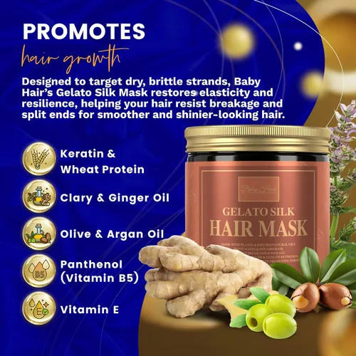 Vista 4 de Baby Hair - Mascarilla de seda de gelato para mujeres, queratina hidrolizada, jengibre recto y rizado, mascarillas capilares de aceite de oliva