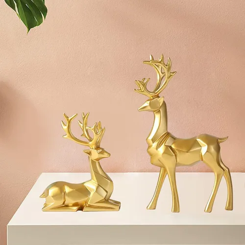 Vista 3 de 2 piezas de figuras de reno, estatuilla de ciervo, artesanía de animales, adorno de escritorio para decoración de mesa de fiesta de Navidad, dorado