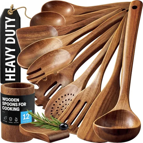 Vista 17 de Zulay Kitchen Juego de 5 cucharas de madera extragrandes - Utensilios de cocina de teca lisa - Cucharón, espátula, espumadera, tenedor, cuchara