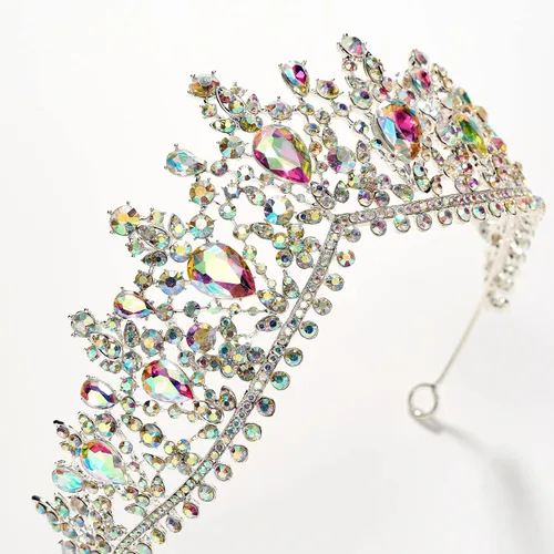 Vista 6 de SWEETV Corona de boda para novia, paquete de 3 aretes de tiara, juego de joyas para novia, cristal iridiscente, fiesta, cumpleaños, graduación