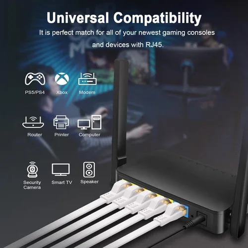 Vista 5 de HUGIN Cable Ethernet CAT 8 de 1.5 pies, paquete de 5 unidades, cable LAN plano de 40 Gbps 2000 MHz de alta velocidad, cable de red blindado RJ45