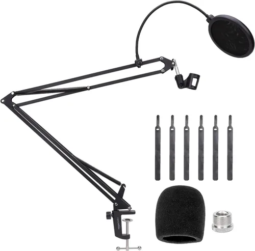 Vista 10 de Amazon Basics Soporte de micrófono ajustable, filtro pop, pantalla antiviento, para Blue Yeti, Snowball, Shure, Audio-Technica, otros micrófonos, 14