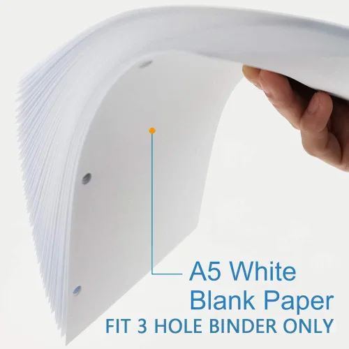 Vista 2 de Papel de relleno A5, repuestos para planificador de 3 agujeros, organizador, carpetas, total de 100 hojas/200 páginas, 100gsm, en blanco, papel