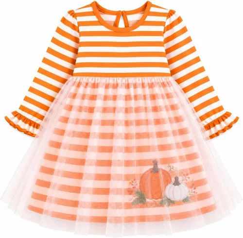 Vista 4 de HILEELANG Vestido de manga larga de algodón para niñas, vestido de otoño Gato Negro Largo