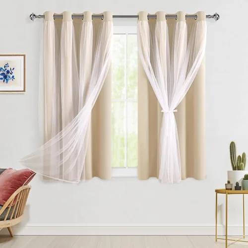 Vista 49 de Hiasan Cortinas opacas con superposición transparente, aislamiento térmico para mezclar y combinar de doble capa, cortinas de oscurecimiento de Beige