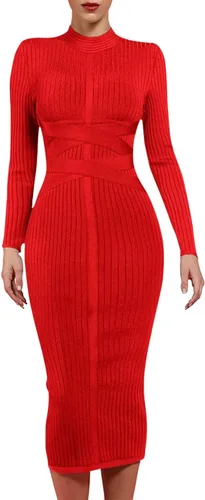 Vista 2 de UONBOX Vestido de manga larga para mujer, con tirantes cruzados, acanalado, para club, fiesta, midi