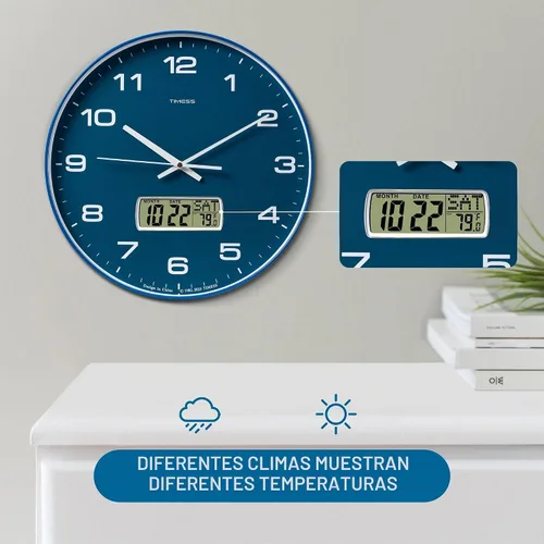Vista 7 de Reloj de pared TIMESS, de 14" de gran dial, silencioso, sin tictac, funciona con pilas, analógico con pantalla LCD para calendario perpetuo y Azul
