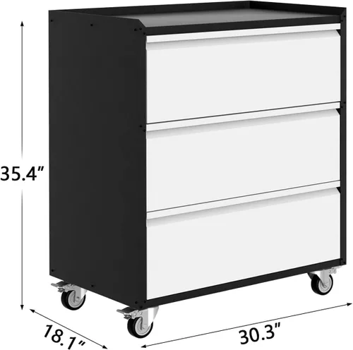 Vista 3 de IDEALHOUSE Armario de herramientas rodante resistente con 3 cajones, carrito de almacenamiento de metal industrial para organización de garaje