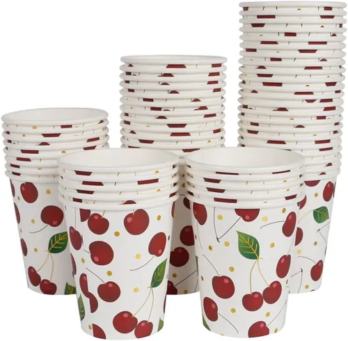 Vista 8 de Geeklife Vasos de papel de cereza dorada, 9 onzas de papel de cerezas, frutas y cerezas, desechables, vasos de papel decorativos a granel, 40