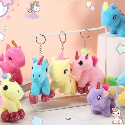 Vista 5 de Huquary 18 llaveros de peluche de unicornio a granel, muñecas de felpa estéticas para mochilas, regalo del día de San Valentín, fiesta de cumpleaños