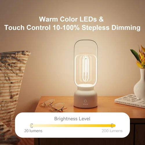 Vista 3 de Lámpara LED portátil retro, pequeña lámpara de mesa inalámbrica con interruptor táctil, luz nocturna regulable continua con puerto de carga USB