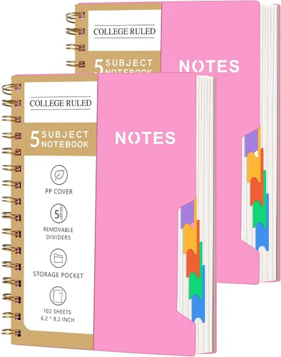 Vista 12 de CAGIE Cuadernos de espiral para trabajo escolar con pestañas divisorias extraíbles, cuaderno de 5 materias de 8.5 x 11 pulgadas, a rayas
