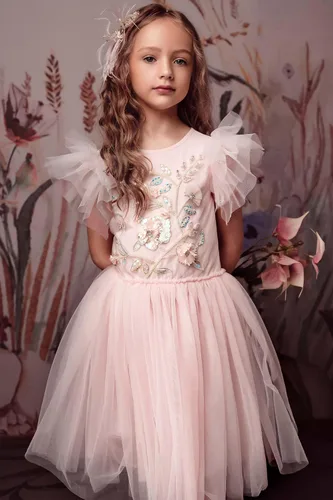 Vista 3 de Vestido tutú para niñas, vestido de tul bordado, vestido escalonado de flores para niñas pequeñas, para boda, cumpleaños, accesorio de fotos
