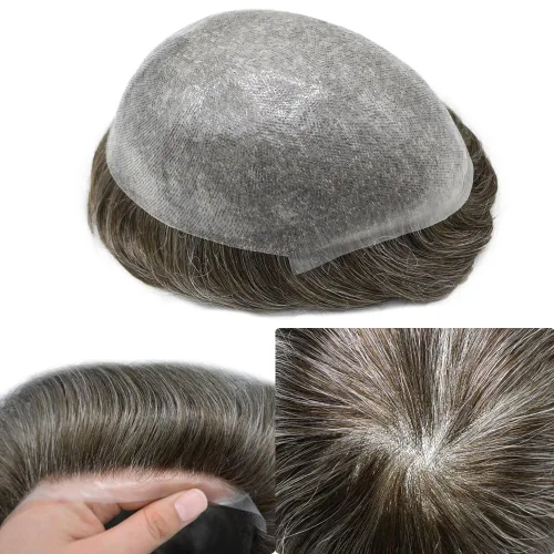 Vista 55 de Tupé de piel ultra fina para hombres pieza de cabello humano real sistema de reemplazo 0.002 in Mens Toupee Hairpiece para hombres V-Loop 8x10 80%