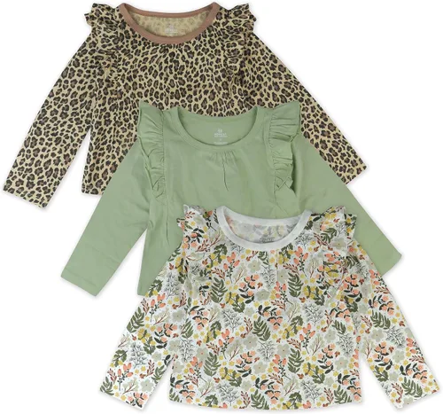 Vista 4 de HonestBaby Paquete de 3 camisetas de manga larga con volantes para bebés, 100% algodón orgánico para niñas pequeñas Emerald Floral
