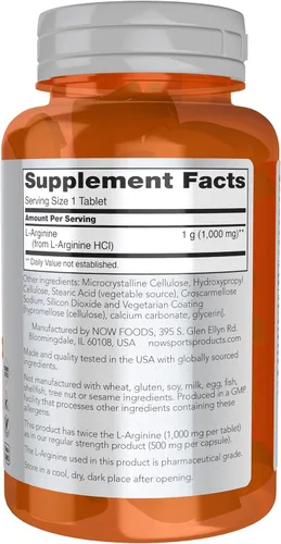 Vista 2 de Now Foods Sports Nutrition, L-Arginina Doble Fuerza 1000 mg, Precursor de Óxido Nítrico, Aminoácidos, 60 Tabletas