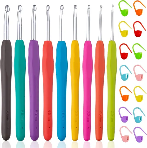 Vista 13 de Vodiye Ganchos de ganchillo grandes de 3 tamaños de 0.394-0.591 in, juego de ganchos ergonómicos de ganchillo, ganchos de metal coloridos para hilo