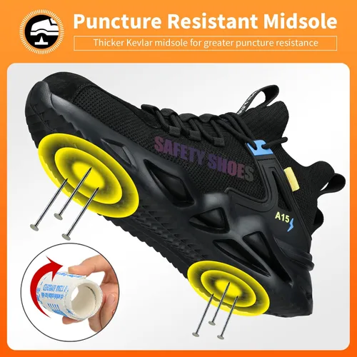 Vista 3 de LAoutun Zapatos de punta de acero para hombre, zapatos de construcción industrial, de corte medio, botas industriales, zapatos de trabajo cómodos