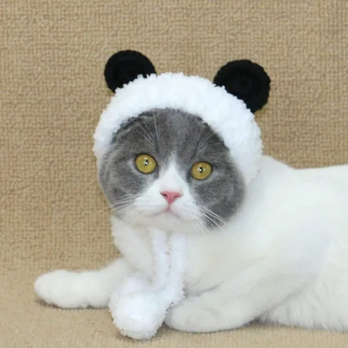 Vista 6 de POPETPOP Disfraz de oso panda para perro, calentador de cuello y diadema protector para gato y perro, talla S