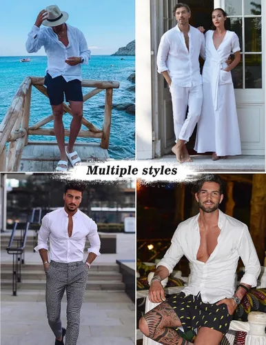 Vista 2 de COOFANDY Conjuntos de lino para hombre, 2 piezas, camisa de manga larga y pantalones cortos casuales con cordón en la cintura, trajes de verano