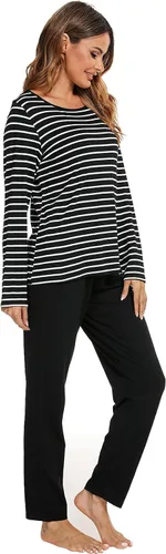 Vista 5 de Pijamas de algodón para mujer, ropa de dormir de manga larga con pantalones, suave y cómoda a rayas, conjunto de pijama para mujer