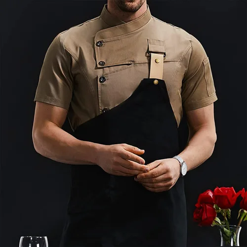 Vista 3 de Chaqueta de chef de moda para hombre, transpirable, con ventilación oculta, uniforme de chef (abrigo + delantal)