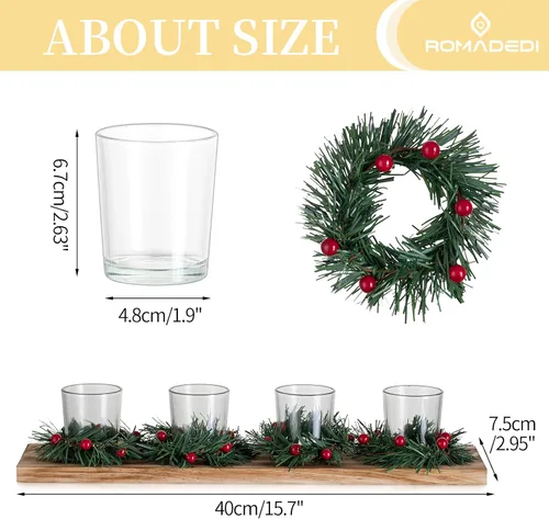 Vista 6 de Portavelas de Navidad para decoración de centro de mesa: Romadedi Rustic 4 portavelas con mini coronas de Navidad, bandeja de madera para Navidad
