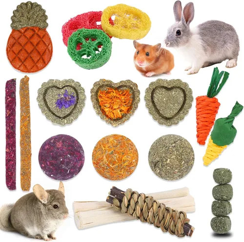 Vista 13 de VESPRO Juguetes de conejo para conejos, juguetes masticables de conejo para dientes, conejito para conejos, cobayas, juguetes para masticar, palitos