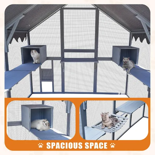 Vista 7 de Catio grande de madera para exteriores de 110 pulgadas, recintos para gatos al aire libre, cubierta resistente a la intemperie, dos puertas
