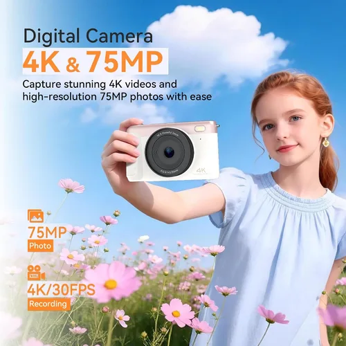 Vista 2 de 4K Digital Camera Vlogging Camera for Travel Point and Shoot 75MP Photo Resolution, 4K 30FPS Video, 3-Inch Flip IPS Screen, 2500mAh Battery, 32GB