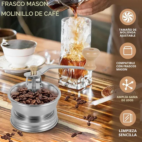Vista 2 de Molinillo de café con mango de manivela, accesorio de tapa manual para tarros Mason de boca ancha, molinillo de granos de café a mano, molinillo